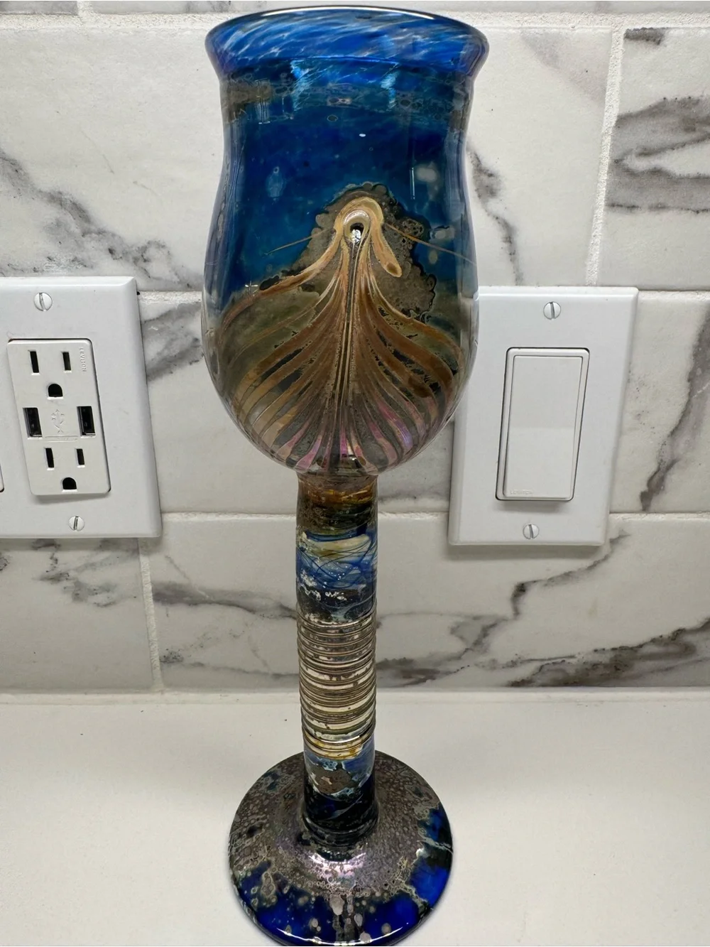 Signed Princ Art Glass Czechoslovakia Chalice Goblet Cobalt Pulled Feather
